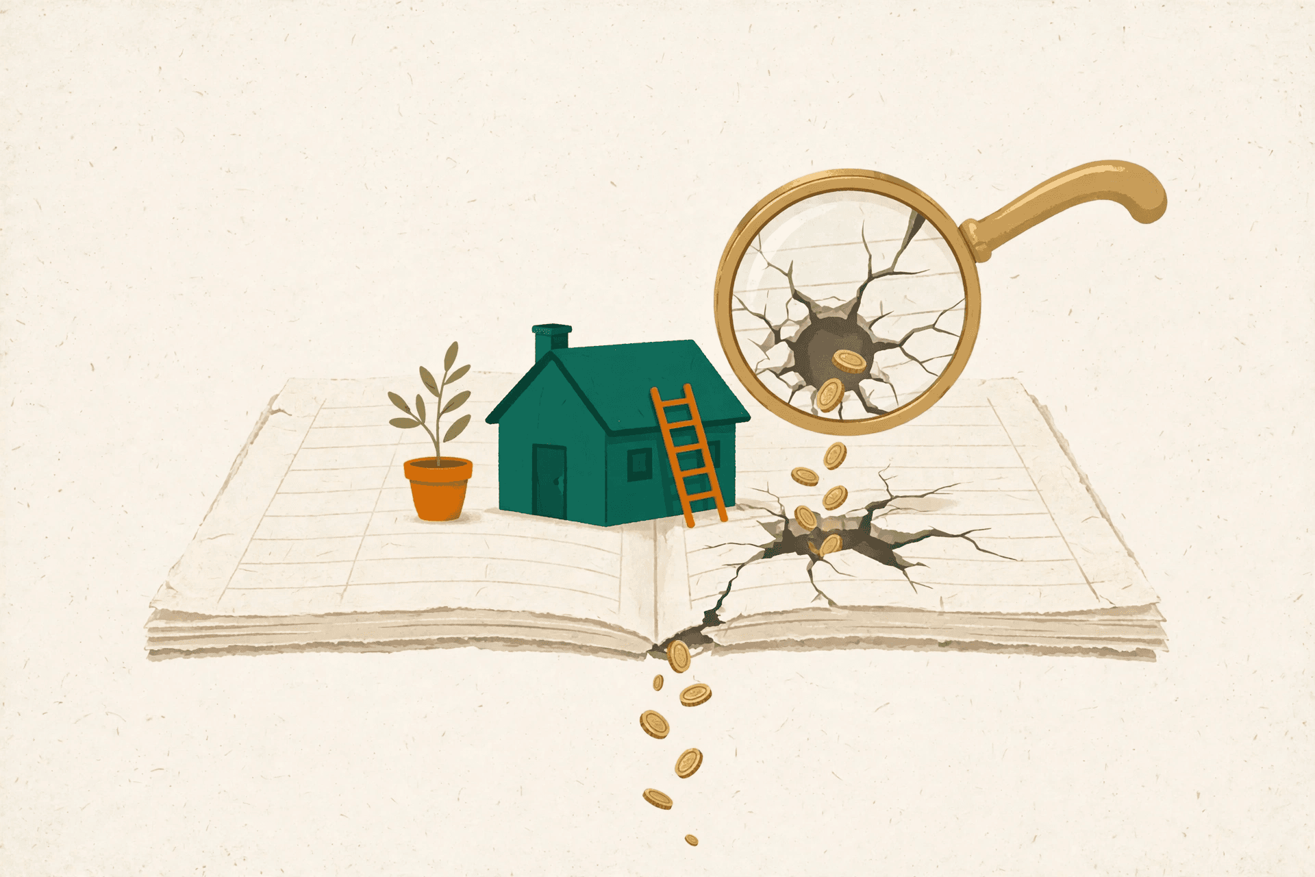 Editorial illustration of a rental home with a ledger and magnifying glass